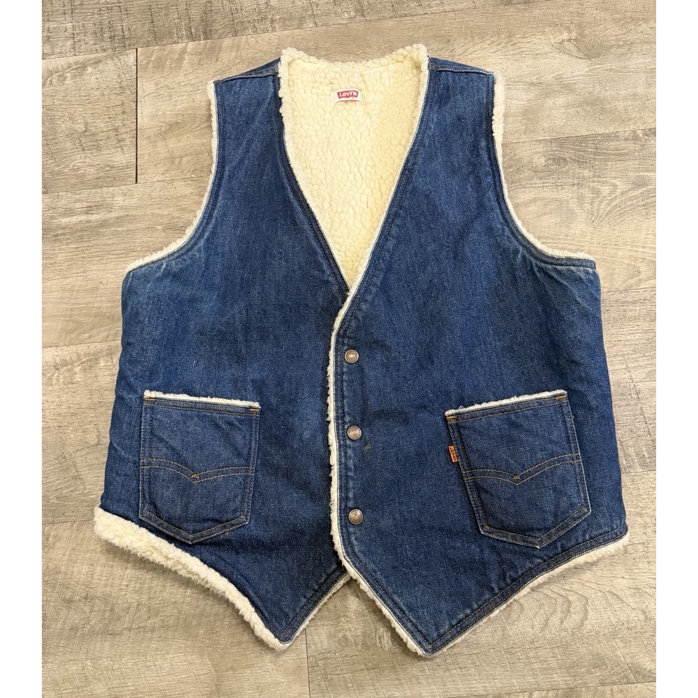 Vtg 80s Levi's Sherpa Lined Denim Vest Large Western Cowboy Orange Tab